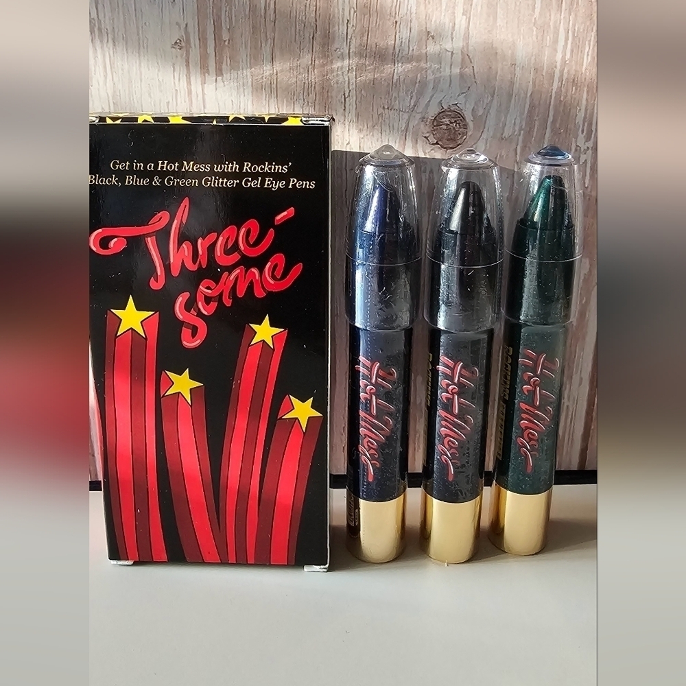 ROCKINS COSMETICS Hot Mess Threesome Glitter Gel Eye Pens 3-Pk, Black/Blue/Green